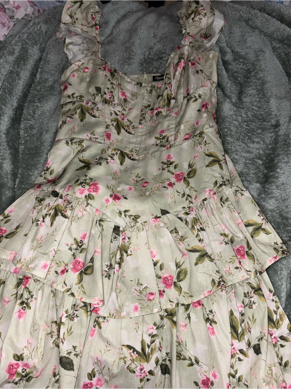 Crystal Doll Light Green Midi Dress with Pink Rose Print